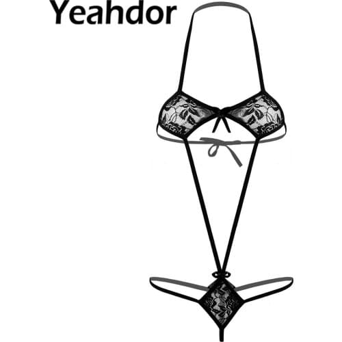 Women Sexy Lingerie Bodysuit Floral Lace Bowknot Micro High Cut Bikini Thong Teddy Halter Neck Monokini Swimsuit Nightwear