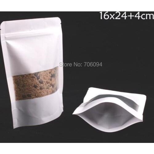100PCS 16*24+4CM White Kraft Paper with Window Stand Up Pack Bags Pastry Storage Doypack Zip Lock Slippy Kraft Paper Pouch