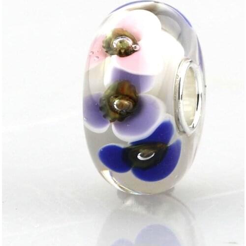 925 Sterling Silver Large Hole Blue 3D Bright color Flowers Pattern Murano Glass Charm Bead Fit European Bracelet Jewelry