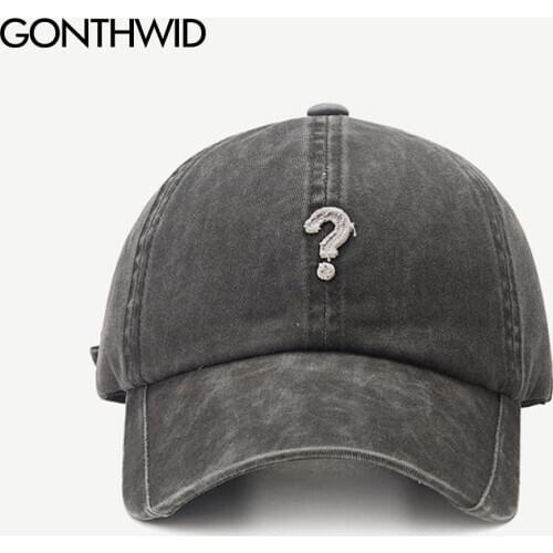 GONTHWID Question Mark Patch Distressed Washed Adjustable Baseball Caps Harajuku Casual Solid Color Cotton Curved Sun Visor Hats