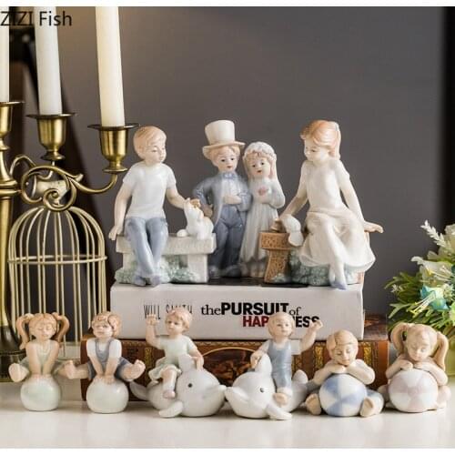 European Ceramic Family Figure Sculpture Bookcase Living Room Decoration Cute Baby Crafts Decoration Figurines Christmas Present
