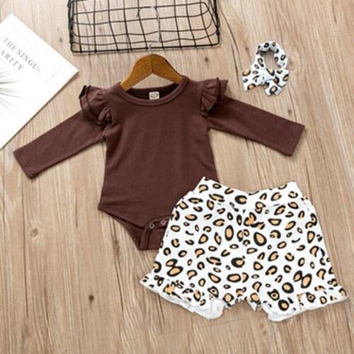 FOCUSNORM Newborn Baby Girls Clothes Sets 0-3Y Ruffles Long Sleeve Solid Romper Leopard Shorts Headband