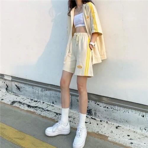 [Cotton] Summer fashion sports suit female student short-sleeved shorts loose two-piece suit beige