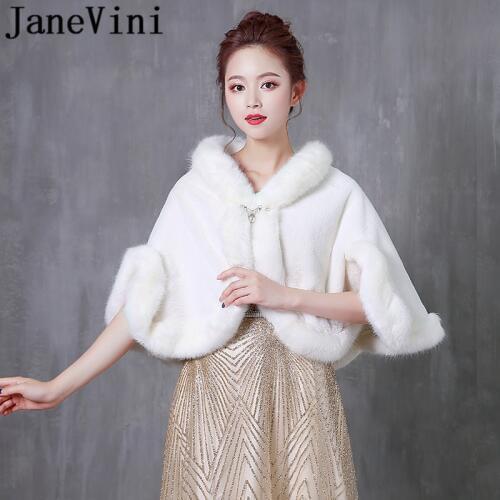 JaneVini Elegant Fur Bride Shawl High Neck Beaded Pin Hooded Bridal Winter White Wedding Bolero Cape Faux Fur Wraps Stoles Cloak