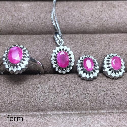 KJJEAXCMY exquisite jewelry 925 pure silver inlaid natural ruby ladies jewelry set rings Pendant Earrings 4 sets