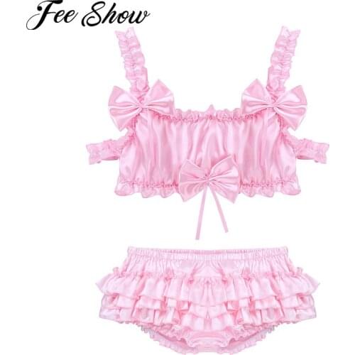 Sissy Men Satin Lingerie Set Sexy Underwear Ruffle Frilly Bowknot Wire-free Bra Crop Top Bloomer Sissy Skirted Panties Nightwear