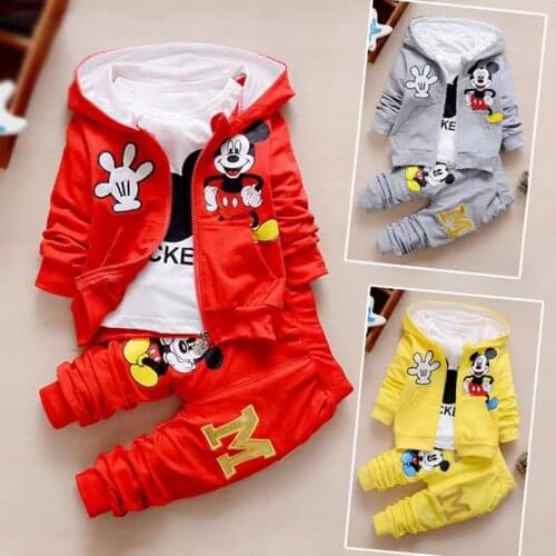 Spring Autumn Baby Girl Boy Clothes Set Cute Mickey Cotton Hooded Coat+T Shirt+Pants 3PCS Suit Casual Kid Children Tracksuits