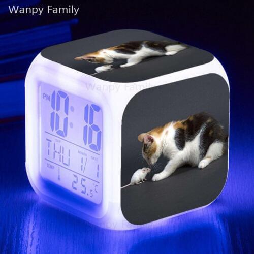 Cat and Mouse Alarm Clock 7 Color Glowing LED Big Screen Digital Alarm Clock Kids Room Multifunction Touch Sensing Clock