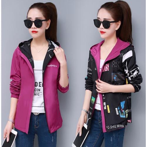 New Women Jacket Streetwear Hooded Printed Coat Causal Windbreaker Female Reversible baseball Zippers Basic Jacket Plus size 4XL