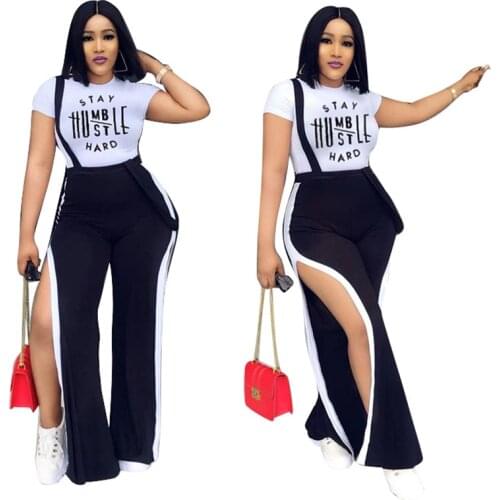 Summer Two Piece Set Women Pant Suit Wholesale Short Sleeve White Tops and Black Overalls Suspender Sets Outfits Dropshipping