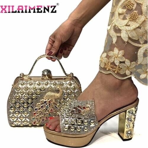 Hot Selling Italian Lady Shoes And Bag Set African Design Matching Shoes And Bag Set Nigerian For Wedding Party in Gold Color