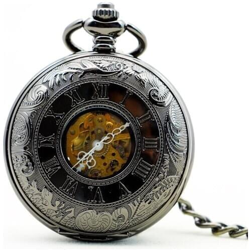 10pcs/lot 1159 Roman Numerals Brand Steampunk Black Case Skeleton Mechanical Pendant Pocket Watch