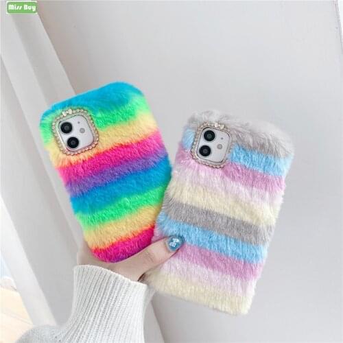 Cute Warm Rainbow Color Case For Xiaomi Redmi 9A 9C Redmi Note 7 9 Pro Max 9S 8T Furry Soft Fluffy Phone Cover Protective Shell