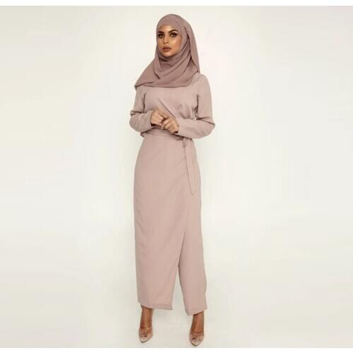 Plus Size Adult Fake Two Pieces Muslim Fashion abaya dubai Silky islamic Robes with belt F2689 prayer clothing dropship