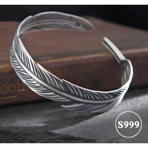 Silver Indian Feather luxury brand Adjustable Bracelet Bangles 100% Pure S999 sterling silver jewelry for Women Men Bracelets