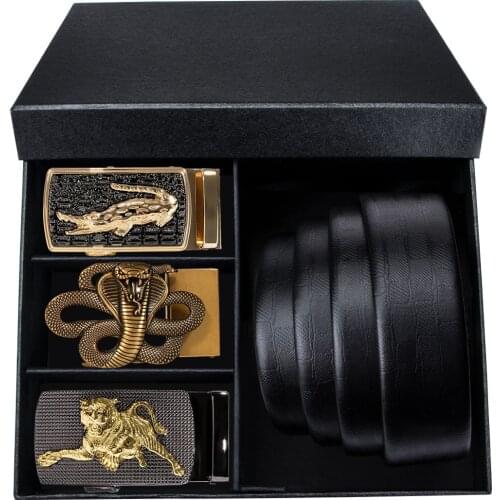 Designer Fashion Alloy Automatic Buckle Belts Luxury Genuine Leather Belts Gift Box Set For Men Cowskin Male Strap DiBanGu