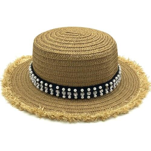 New summer Flat sun hats for women chapeau feminino straw hat panama style cappelli Side with pearl Beach bucket cap girl topee