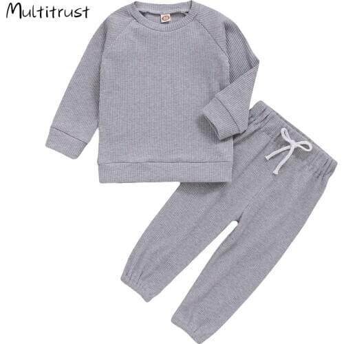 Autumn Toddler Kid Clothes Casual Ribbed 2pcs Outfits Long Sleeve Round Neck Pullover +Drawstring Trousers Tracksuit Clothes