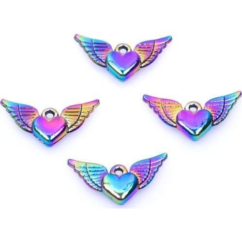 10PCS/lot 25X13MM Rainbow Color Heart Wing Pendant Charms Alloy Floating Pendant Fit For Necklace Bracelet Floating Locket