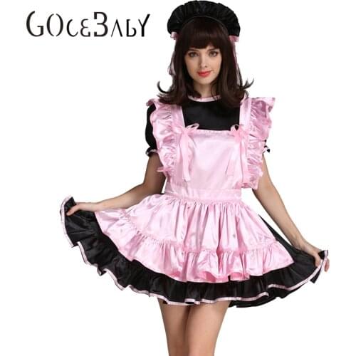 Forced Sissy Girl Maid Pink Black Satin Dress Uniform Costume Crossdressing Cosplay Costume