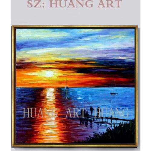 Hand Painted Modern Abstract Wall Art Picture Handpainted the Boat in the Sea SaillingThe sun has Oil Painting For living Room