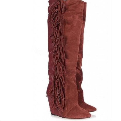 European Super Star Knee High Suede Fringe Boots Platform Wedged Tall Boots New Brand Fashion Women Motorcycle Tassel Boots