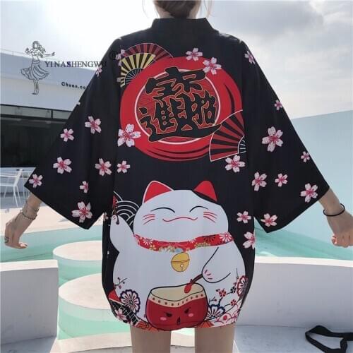 Japanese Kimono Cardigan Yukata Women Harajuku Japan Shirts Loose Casual Tops Girls Cherry blossoms Cat Print Kimono Cosplay Top
