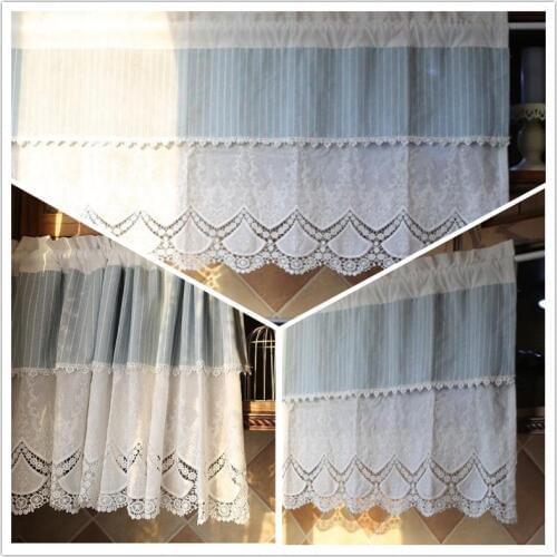 JUYANG. Blue and white stripes embroidered coffee curtains. Cabinet blocking curtain. Head curtain door curtain