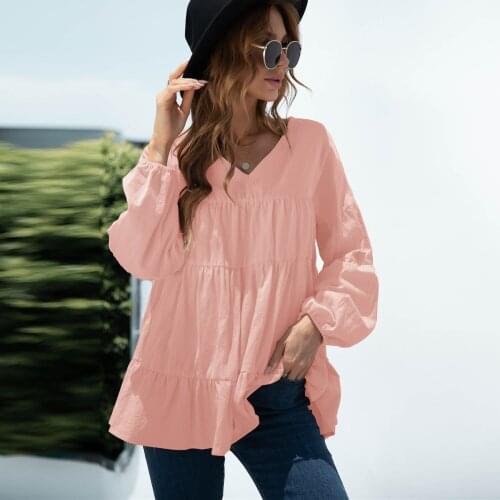 Women Lantern Long Sleeve Loose T-shirts Autumn Casual New Solid V-Neck Ruffles Loose Chic Wild Female Fashion Korean Tee Shirts