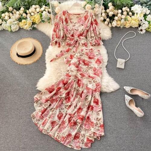 Women 2021 Summer Bohemian Floral Print Chiffon 2pcs Set Female Boho Chic Bandage Short Tops + High Waist Mermaid Skirt Sets Y21