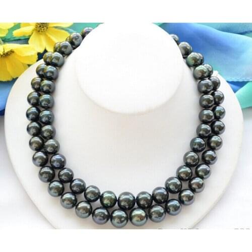 Women Gift word Love Huge 2strands 9-10mm ROUND BLACK Freshwater cultured PEARL NECKLACE -jewelry