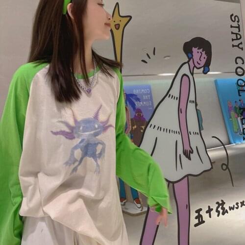 Female Spring Summer Loose Hit Color Spliced Print Long Sleeve Top Female Fashion Casual Tee Ladies New Designed T-Shirt ML136