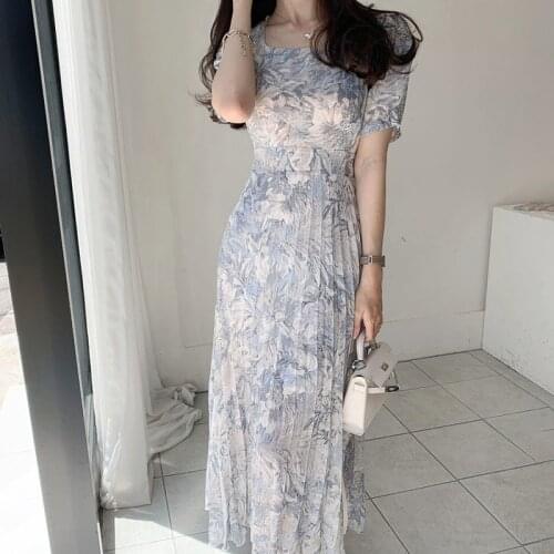 2021 Summer Water-color Printed Korean Chiffon Long Dress Women Short Sleeve Square Collar Pleated Dresses Elegant Femme 15481