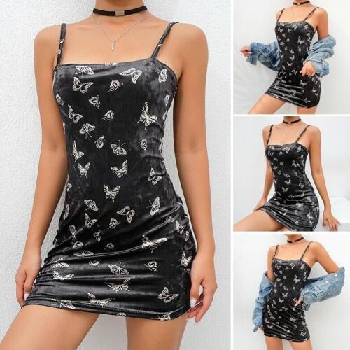 New Summer Womens Butterfly Printed Sling Sundress Mini Pencil Dresses Sexy Black Velvet Feel Sleeveless Home Suspender Dress
