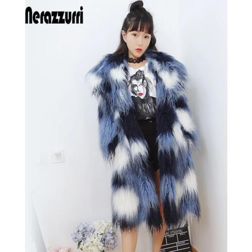 Nerazzurri Shaggy Faux Fur Coat Gradual Long Sleeve Hairy Colorful Mongolian Sheep Fur Overcoat Plus Size Fluffy jacket 5XL 6XL