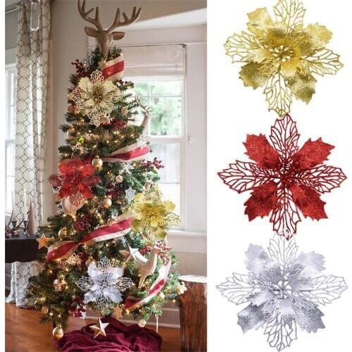5Pcs 16cm Big Flower Head Artificial Glitter Flower For Christmas Tree Ornament Fake Christmas Flower New Year Home Decoration