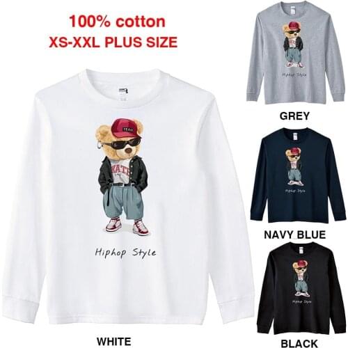 BLINGPAW Spring/Autumn Teddy Bear Graphics Unisex Long Sleeve T-Shirt O-Neck Tops Casual 100% Cotton Plus Size Streetwear
