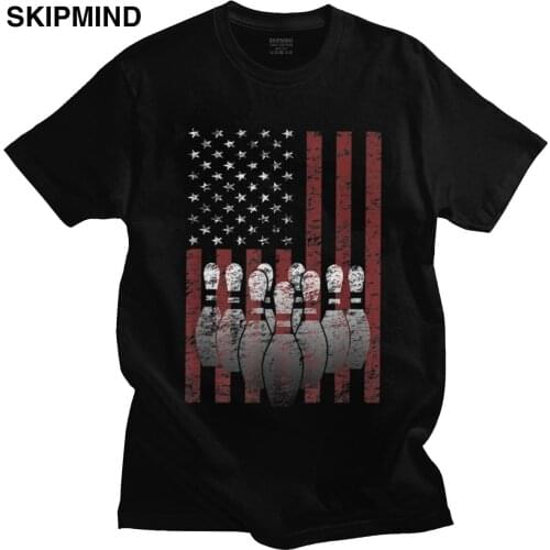 Classic Mens Vintage American Flag Bowling Pins T Shirt Short Sleeves 100% Cotton Tee Tops Summer Patriotic Bowler T-shirt Gift