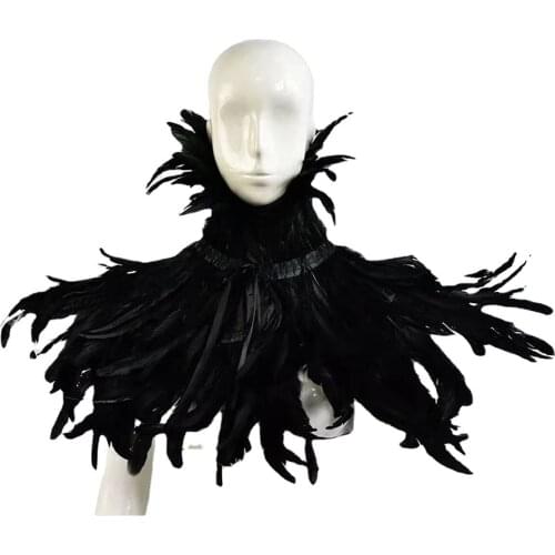 Gothic Black Feather Shawl Rooster Hair Scarf Chicken Feather Fake Collar Halloween Party Cosplay Cape Props