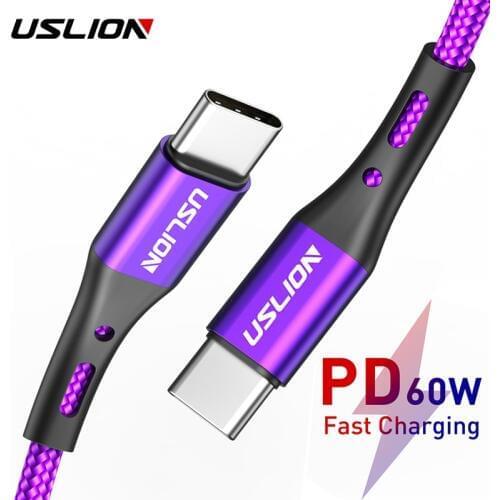 USLION USB Type C to Type C Cable for Macbook Samsung S10 S9 PD 60W QC3.0 Fast Charging Data Cable USB-C Type-C Wire Cord 2m 3m