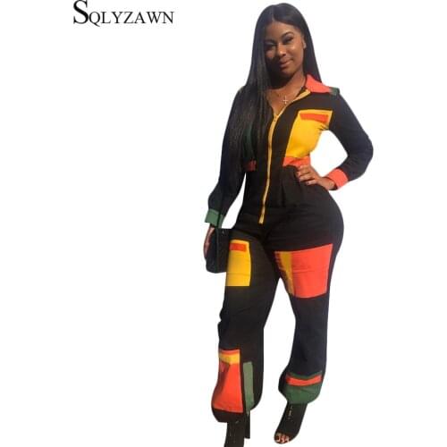 Color Block Sexy Long Sleeve Zip Jumpsuit For Women Elegant Pocket Patchwork Womens Long Jumpsuits 2020 Summer Romper Overalls