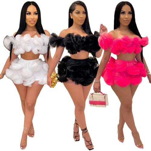 OMILKA Mesh Off the Shoulder 2 Piece Set Women Crop Top and Shorts Set 2020 Summer Floral Sexy Club Party Plus Size Outfits