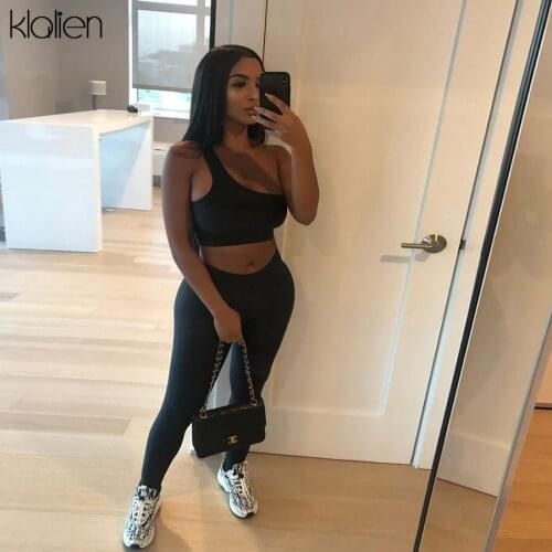 KLALIEN women tracksuit casual fashion sleeveless top and trousers two piece set high street casual black fitness outfit ladies