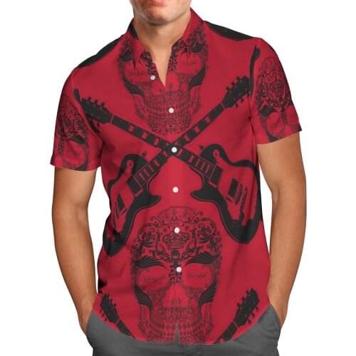 Guitar Skull Red Shirt 3D Hawaiian Shirt Men Summer Hiphop Fashion Short Sleeve Shirts Oversized Chemise Homme Camisa Masculina