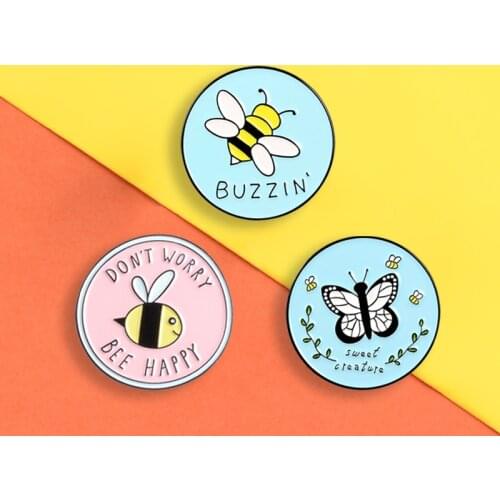 Round pink blue Insect Badge Butterfly bee Enamel Pins Bee happy sweet creature honeybee Lapel Brooch explore jewelry of nature