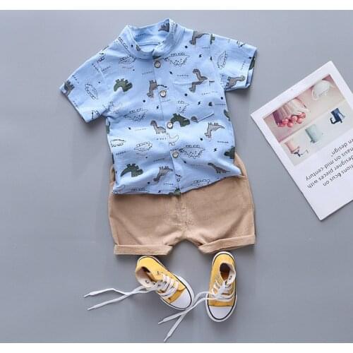 Cute Baby Boy Clothes Summer Set 2021 New Cartoon Dinosaur Print Short Sleeve Shirt + Pants For 1-5 Years Kid Toddler Outfit