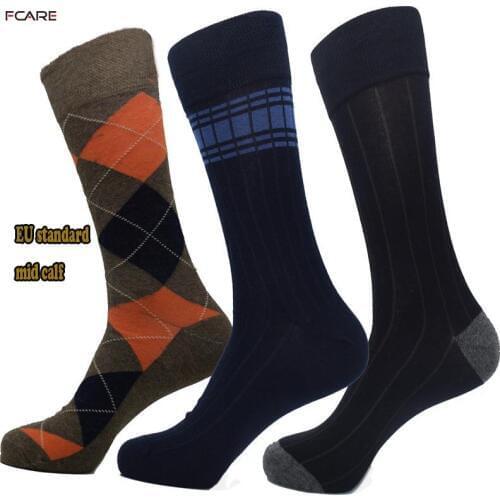 Fcare 6PCS=3 pairs 44, 45, 46, 47 plus size big rhombus stripe blue black men dress long leg cotton crew socks