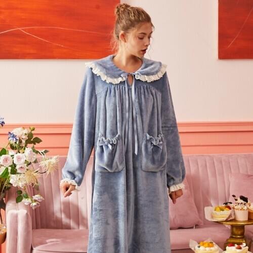 Nightgown Winter Pink Blue Night Wear Sleeping Dress Velvet Girl Women Sleepwear