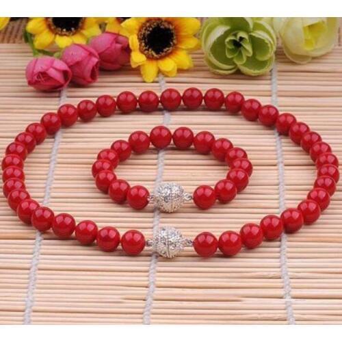 CHARMING 10MM RED CORAL NECKLACE BRACELET JEWELRY SET 18"