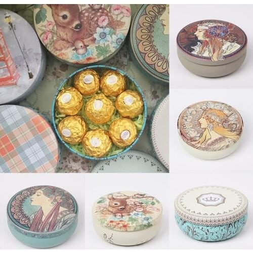 1PC Multi-Style Printing Portable Round Tea Storage Tin Box Cake Packaging Gifts Chocolate Candy Box